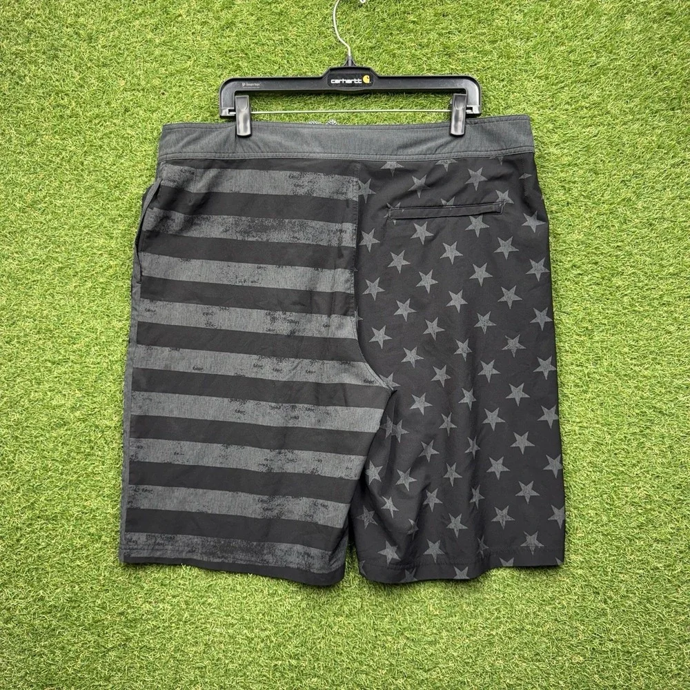 Affliction Board Shorts Mens 38 Gray Swim American Flag Stars Stripes Stretch